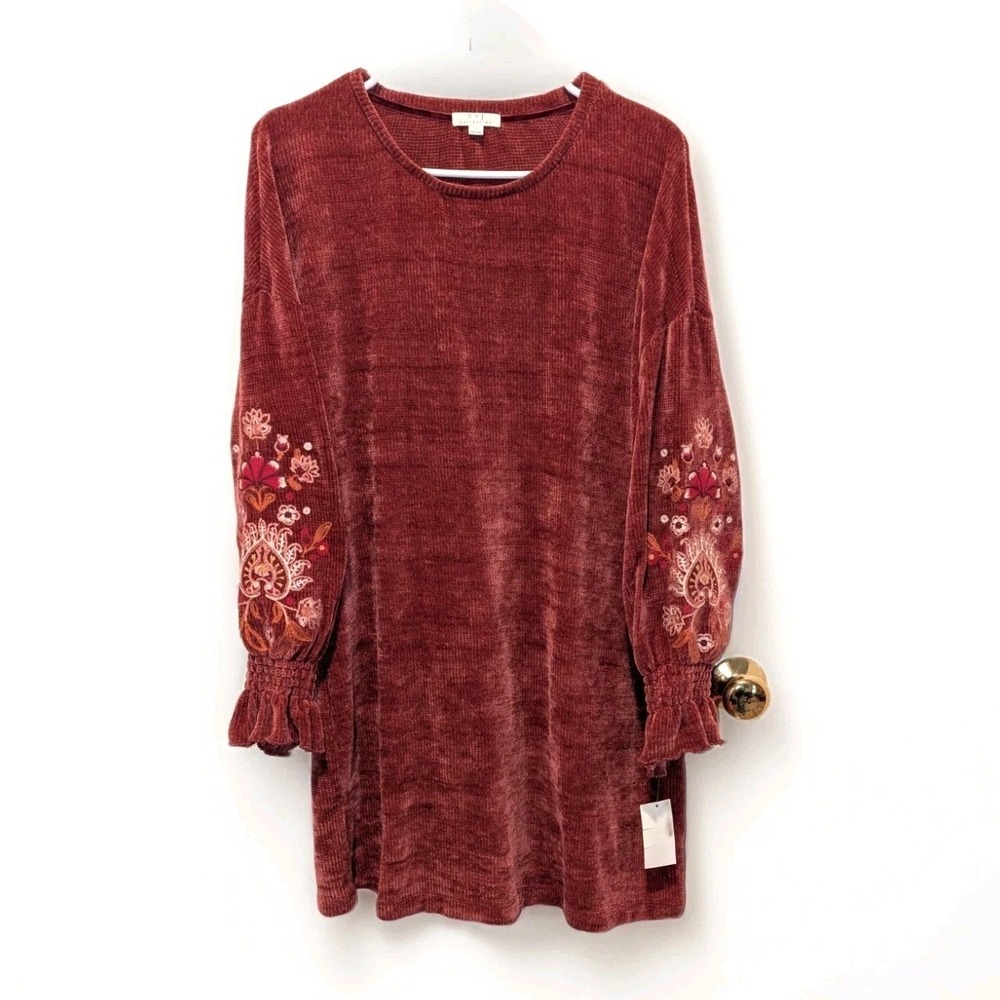 Boho Cottagecore Velvet Embroidered Tunic Top NWT Mauve Large Festival Hippie